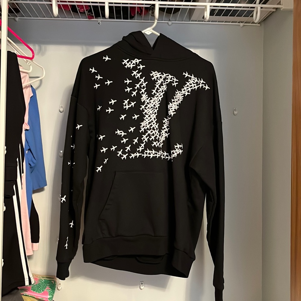 RARE AUTHENTIC Louis Vuitton LV Planes Printed HOODIE Sweatshirt Black Size L